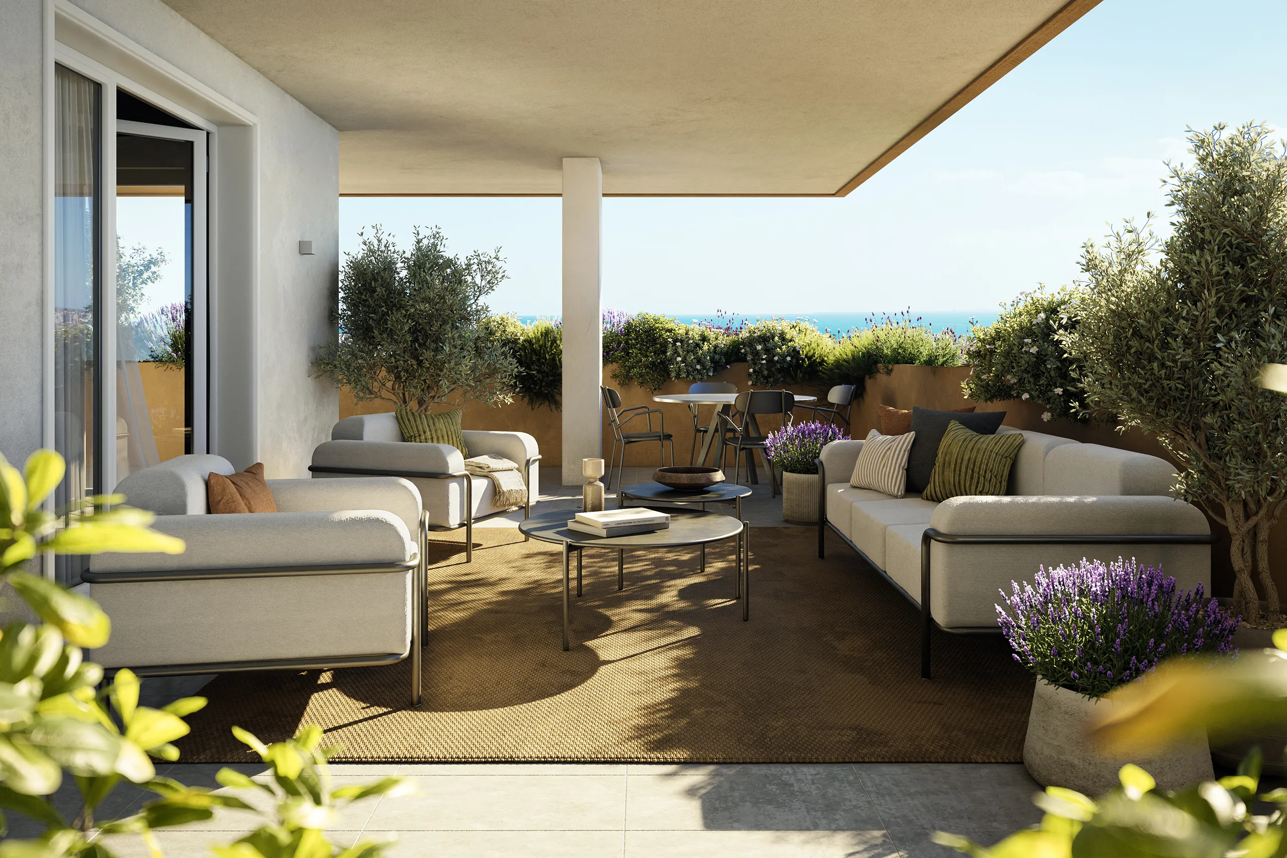 Ampia terrazza privata degli appartamenti Odea con spazi outdoor progettati per vivere all’aria aperta